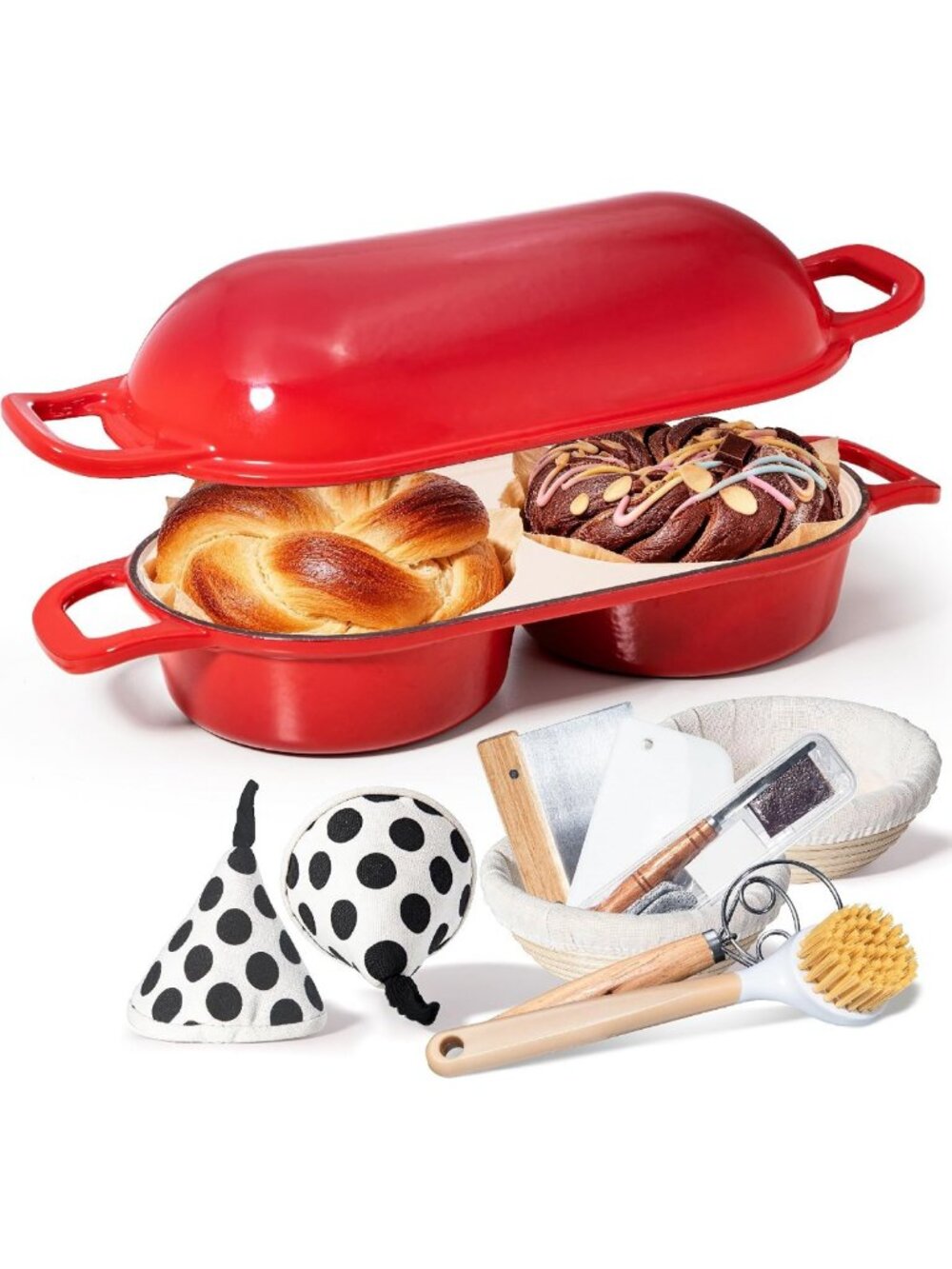 Double Dutch Oven for Sourdough Baking, 2QT Enameled Cast Iron Pan & Accessories